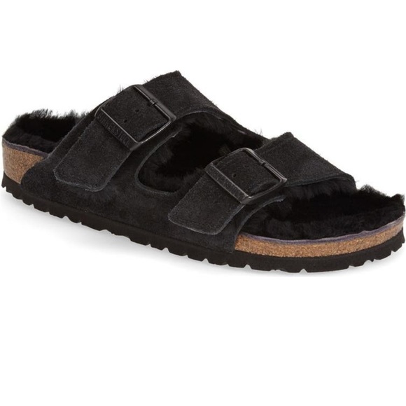 New Birkenstock Arizona Genuine Shearling Lined Slide Sandal 41/10 black Germany - Picture 1 of 2